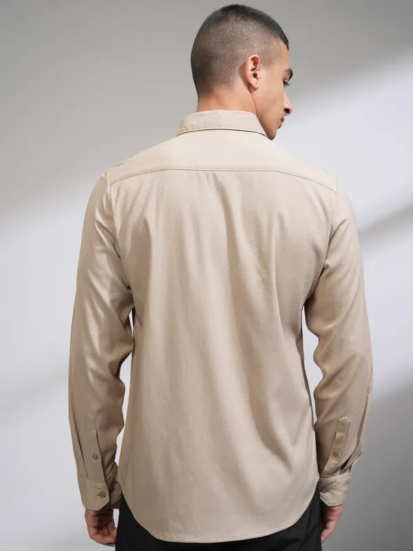 Highlander Men Beige Self Design Slim Fit Casual Shirt