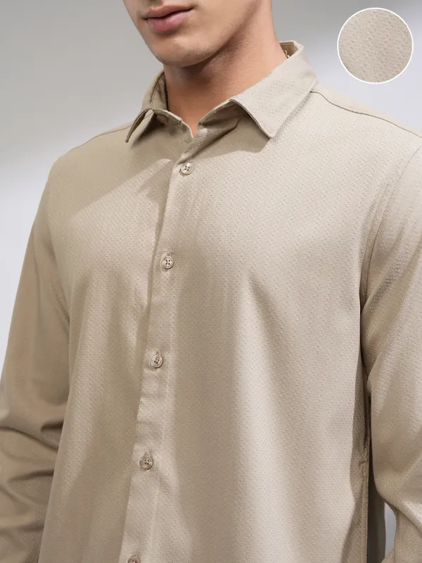 Highlander Men Beige Self Design Slim Fit Casual Shirt