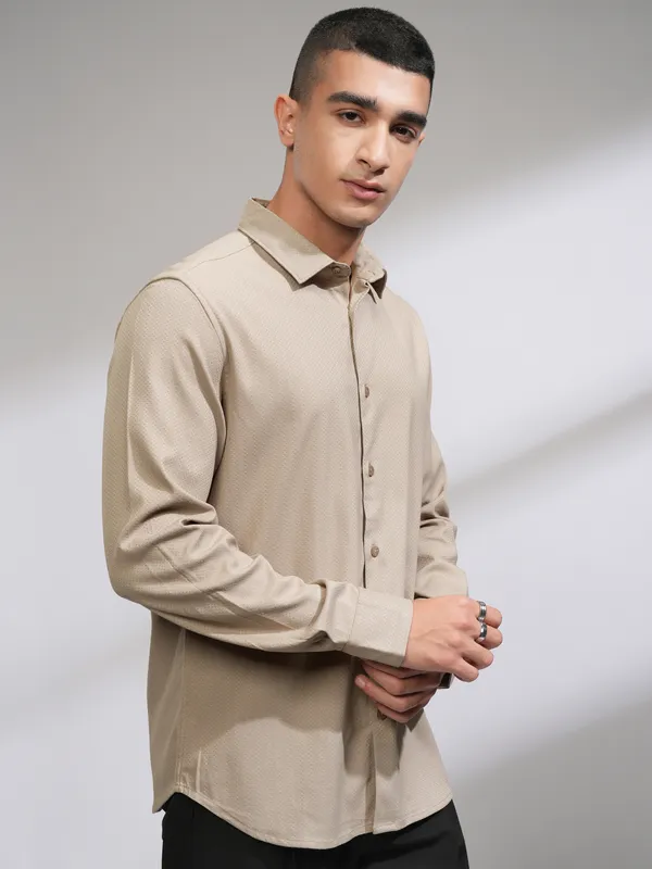 Highlander Men Beige Self Design Slim Fit Casual Shirt