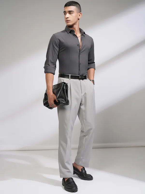 Highlander Men Grey Self Design Slim Fit Casual Shirt