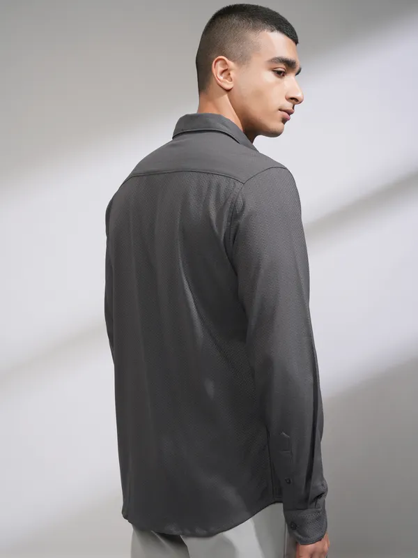 Highlander Men Grey Self Design Slim Fit Casual Shirt