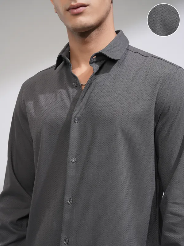 Highlander Men Grey Self Design Slim Fit Casual Shirt