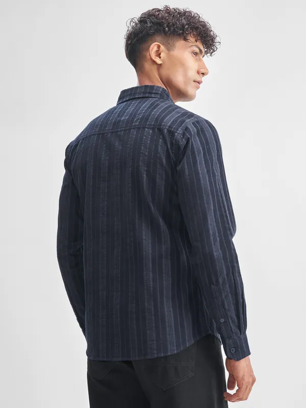 Highlander Men Navy Blue Striped Slim Fit Casual Shirt