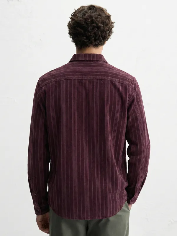Highlander Men Burgundy Striped Slim Fit Casual Shirt