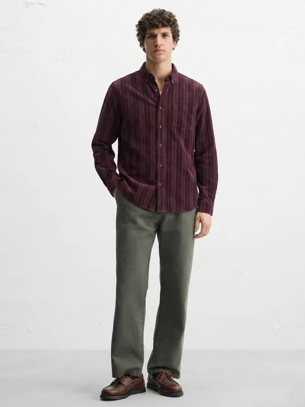 Highlander Men Burgundy Striped Slim Fit Casual Shirt