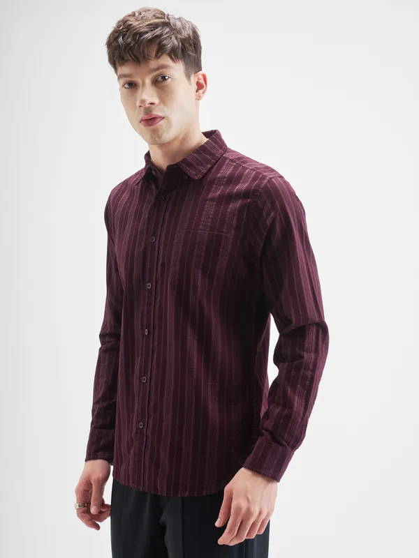 Highlander Men Burgundy Striped Slim Fit Casual Shirt