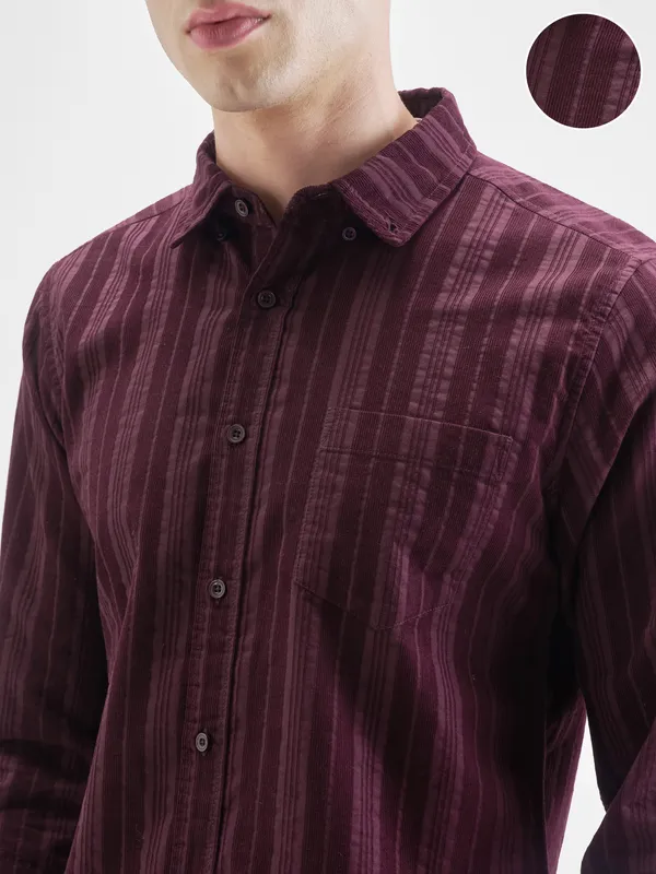 Highlander Men Burgundy Striped Slim Fit Casual Shirt