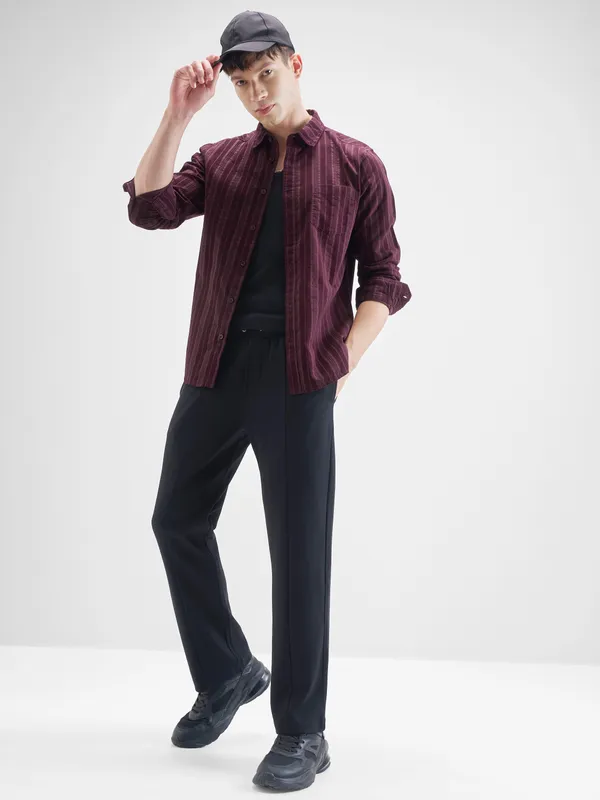 Highlander Men Burgundy Striped Slim Fit Casual Shirt