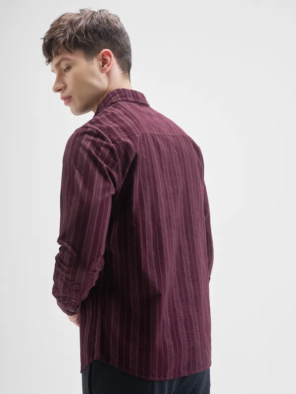 Highlander Men Burgundy Striped Slim Fit Casual Shirt