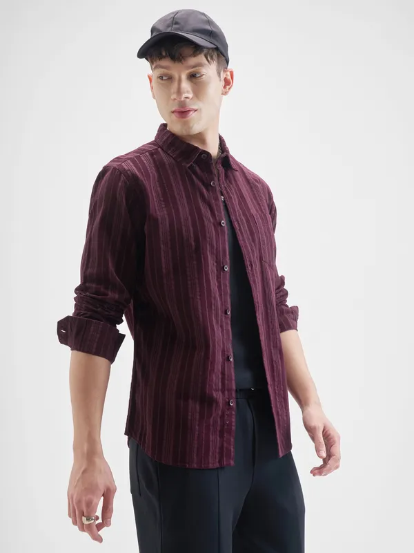 Highlander Men Burgundy Striped Slim Fit Casual Shirt