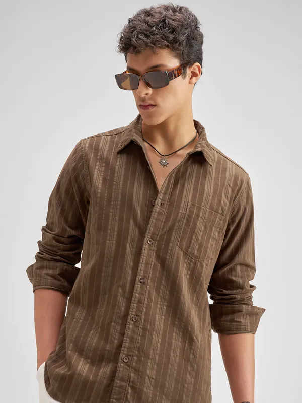 Highlander Men Brown Striped Slim Fit Casual Shirt
