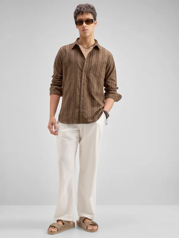 Highlander Men Brown Striped Slim Fit Casual Shirt