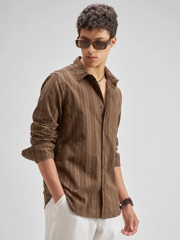 Highlander Men Brown Striped Slim Fit Casual Shirt