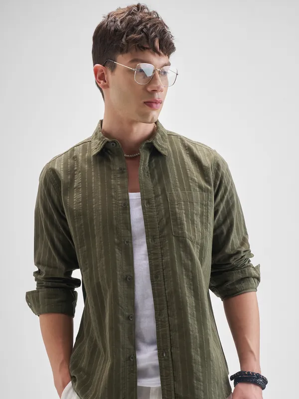 Highlander Men Olive Striped Slim Fit Casual Shirt