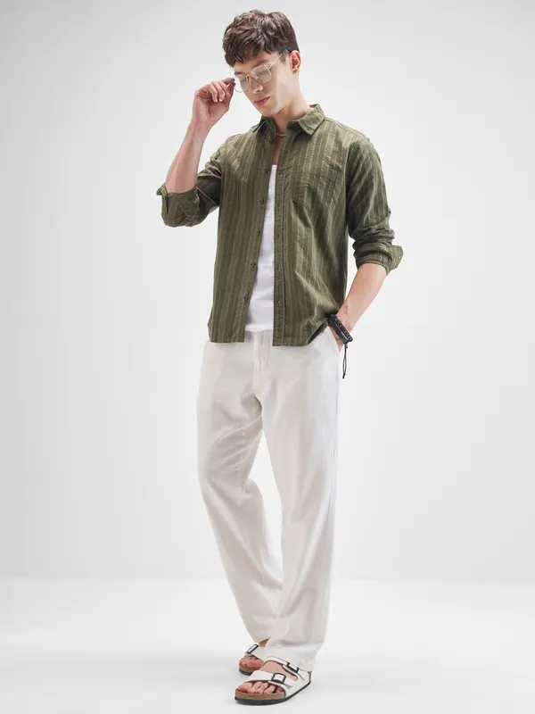 Highlander Men Olive Striped Slim Fit Casual Shirt