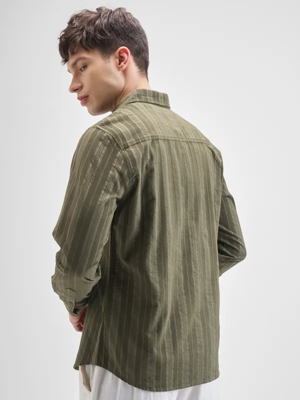 Highlander Men Olive Striped Slim Fit Casual Shirt
