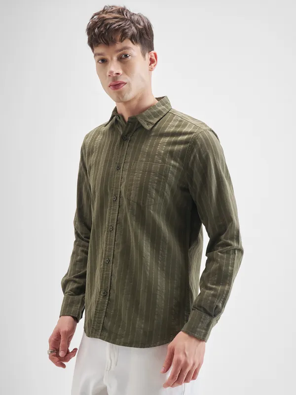 Highlander Men Olive Striped Slim Fit Casual Shirt