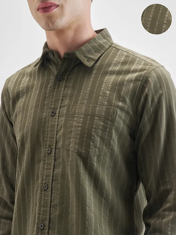 Highlander Men Olive Striped Slim Fit Casual Shirt
