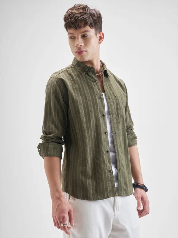 Highlander Men Olive Striped Slim Fit Casual Shirt