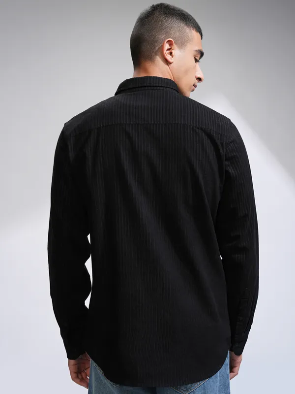 Highlander Men Black Self Design Slim Fit Casual Shirt