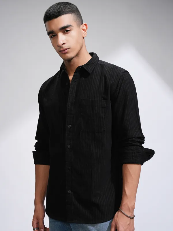 Highlander Men Black Self Design Slim Fit Casual Shirt