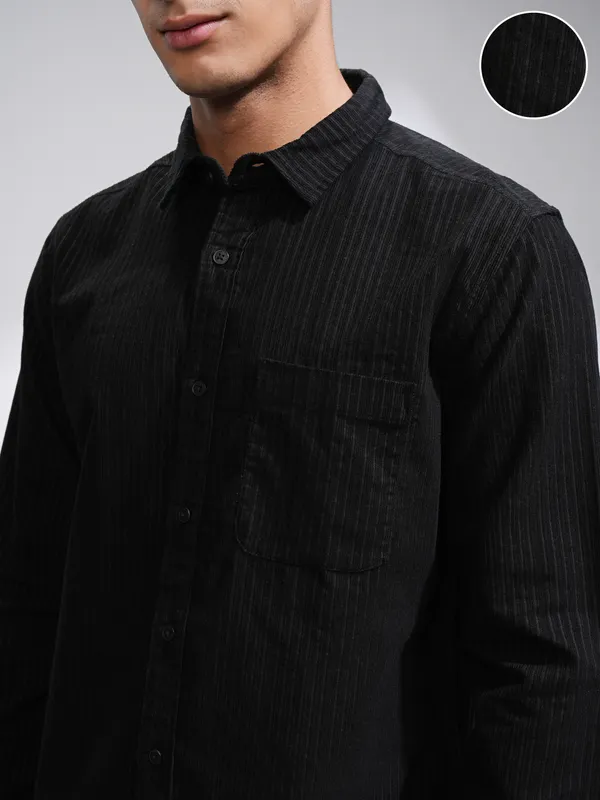 Highlander Men Black Self Design Slim Fit Casual Shirt