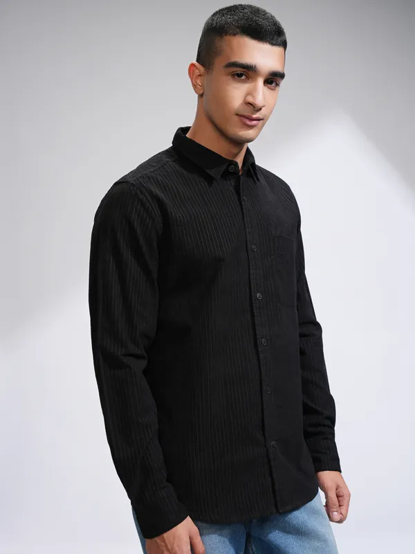 Highlander Men Black Self Design Slim Fit Casual Shirt