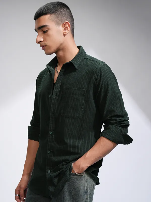 Highlander Men Green Self Design Slim Fit Casual Shirt