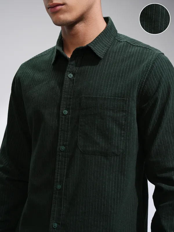 Highlander Men Green Self Design Slim Fit Casual Shirt