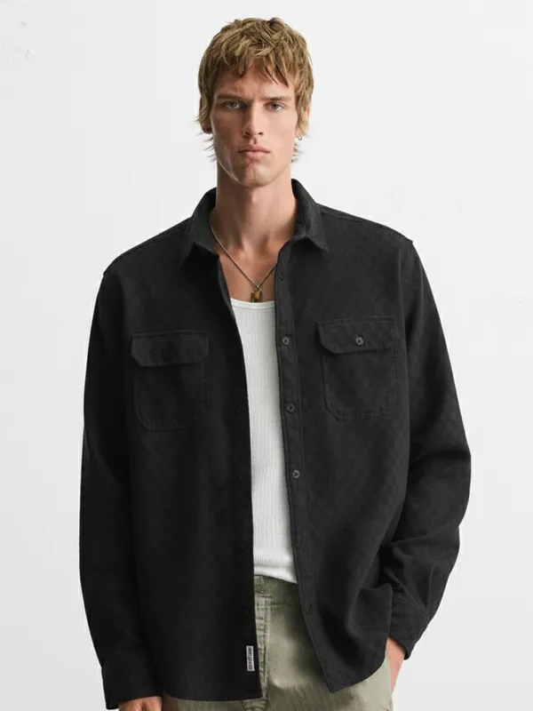 Highlander Men Black Self Design Relaxed Fit Casual Shirt