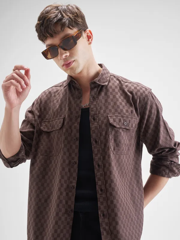 Highlander Men Maroon Self Design Relaxed Fit Casual Shirt