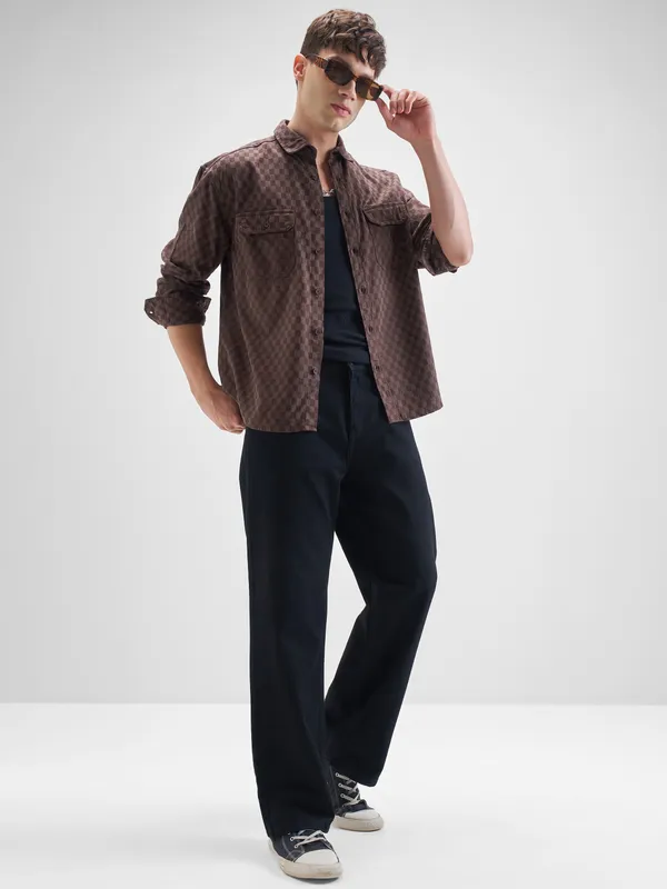 Highlander Men Maroon Self Design Relaxed Fit Casual Shirt