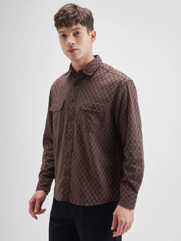 Highlander Men Maroon Self Design Relaxed Fit Casual Shirt