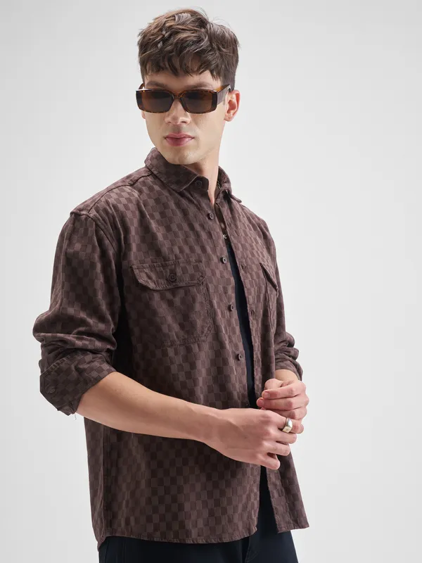 Highlander Men Maroon Self Design Relaxed Fit Casual Shirt