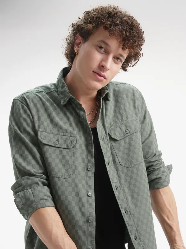 Highlander Men Green Checked Relaxed Fit Casual Shirt