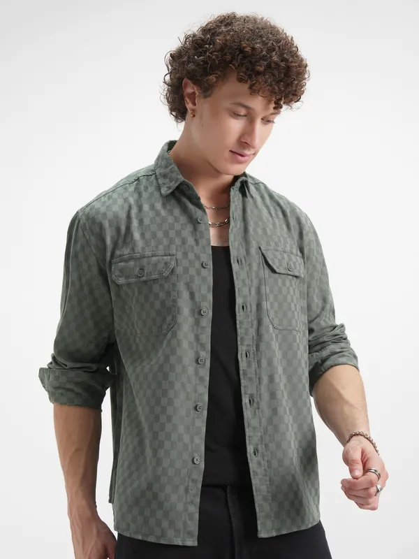 Highlander Men Green Checked Relaxed Fit Casual Shirt