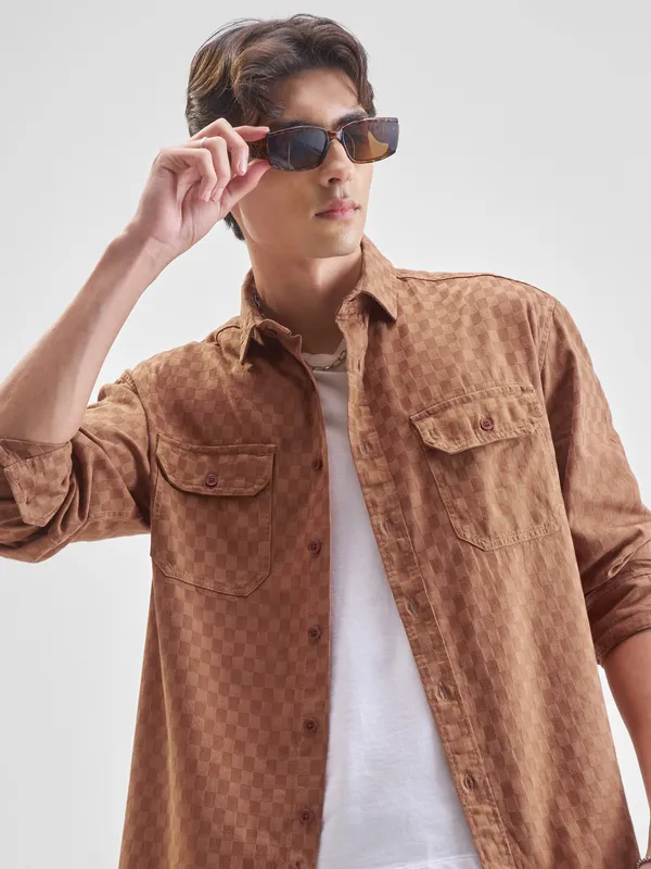 Highlander Men Rust Self Design Relaxed Fit Casual Shirt