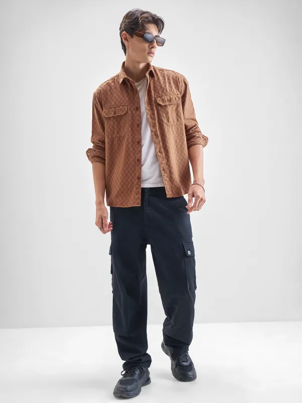 Highlander Men Rust Self Design Relaxed Fit Casual Shirt