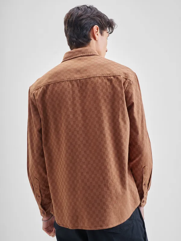 Highlander Men Rust Self Design Relaxed Fit Casual Shirt