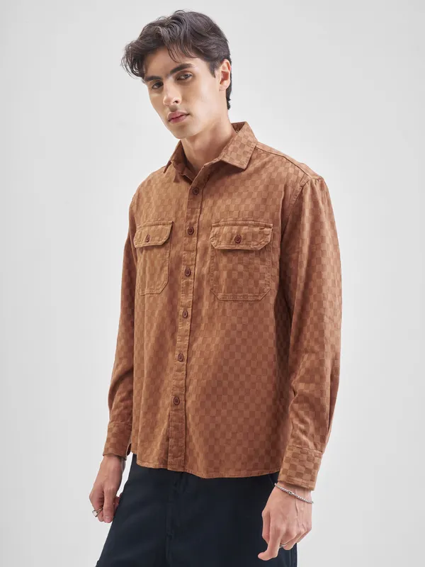 Highlander Men Rust Self Design Relaxed Fit Casual Shirt