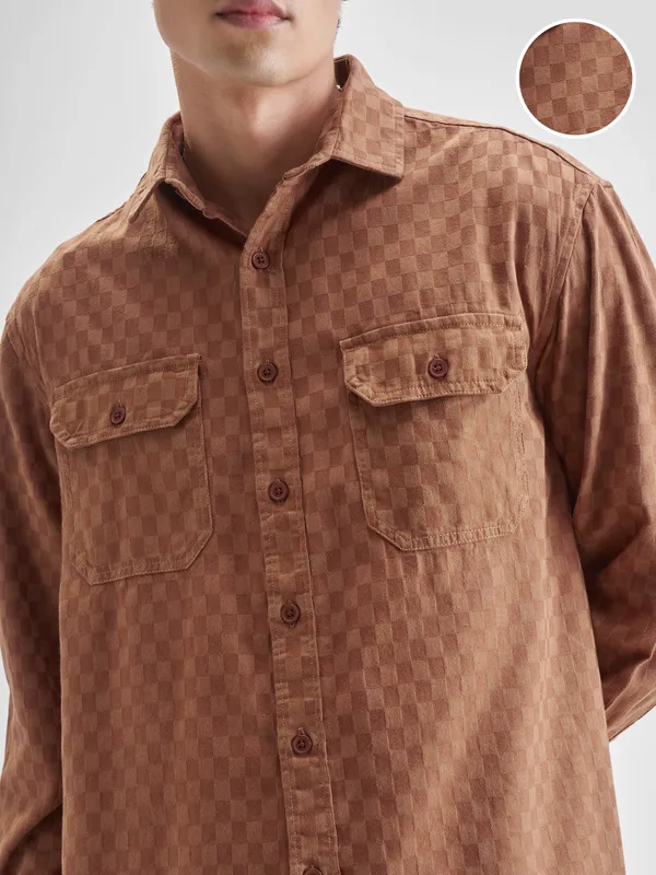 Highlander Men Rust Self Design Relaxed Fit Casual Shirt