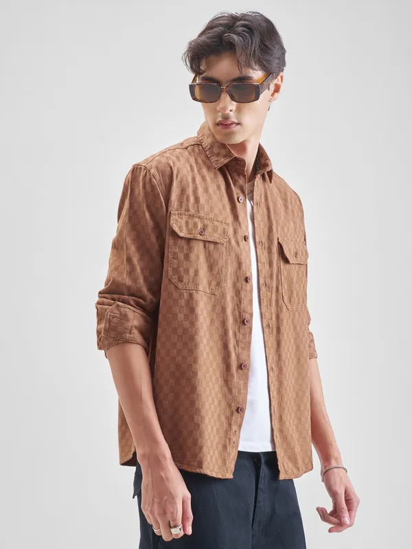 Highlander Men Rust Self Design Relaxed Fit Casual Shirt