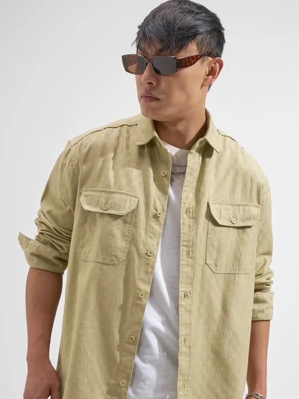 Highlander Men Beige Self Design Relaxed Fit Casual Shirt