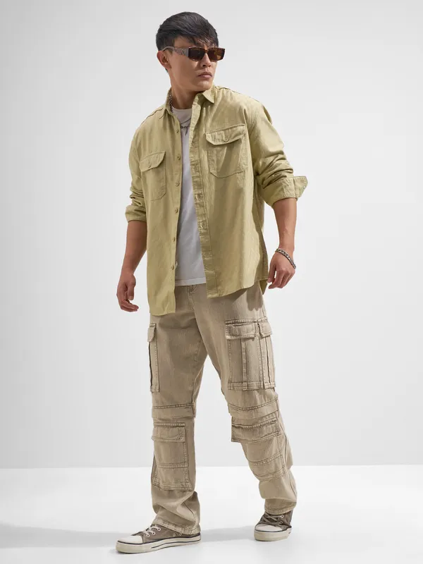 Highlander Men Beige Self Design Relaxed Fit Casual Shirt