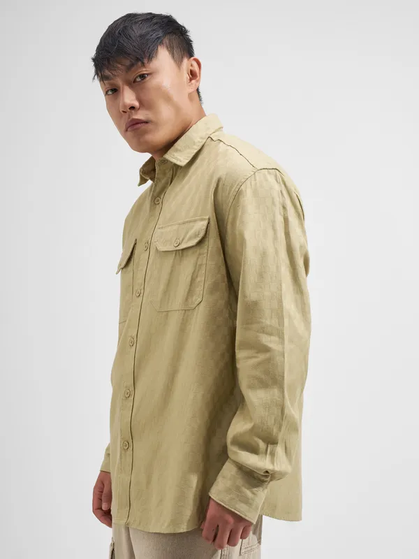 Highlander Men Beige Self Design Relaxed Fit Casual Shirt