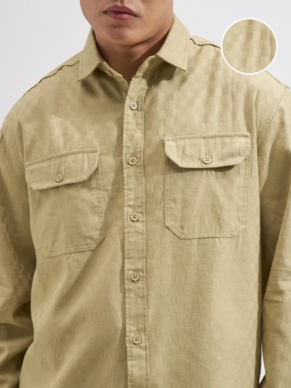 Highlander Men Beige Self Design Relaxed Fit Casual Shirt