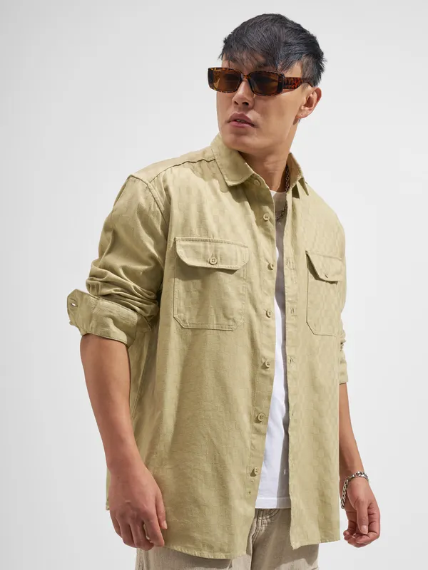 Highlander Men Beige Self Design Relaxed Fit Casual Shirt