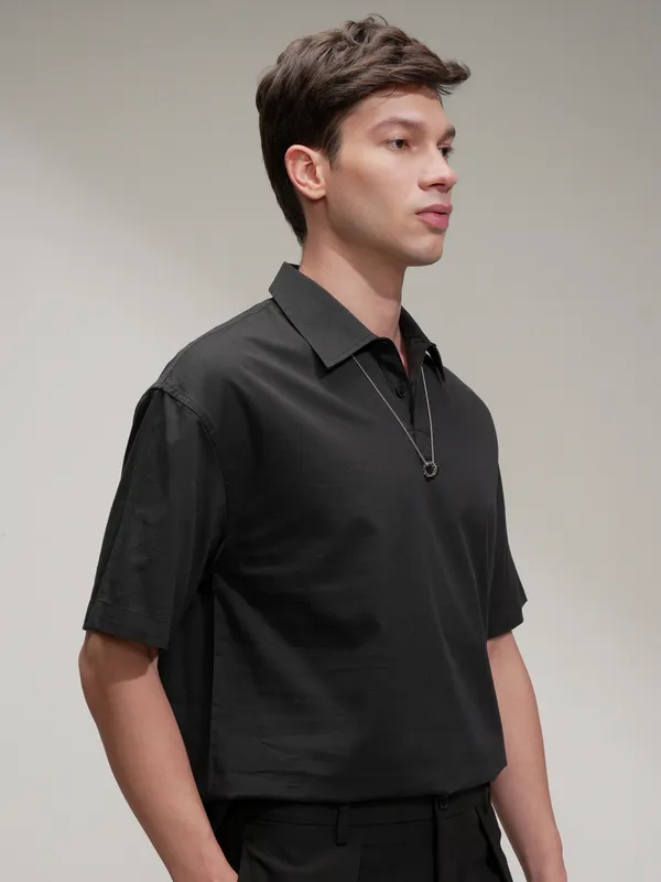 Highlander Men Black Self Design Oversized Fit Casual Shirt