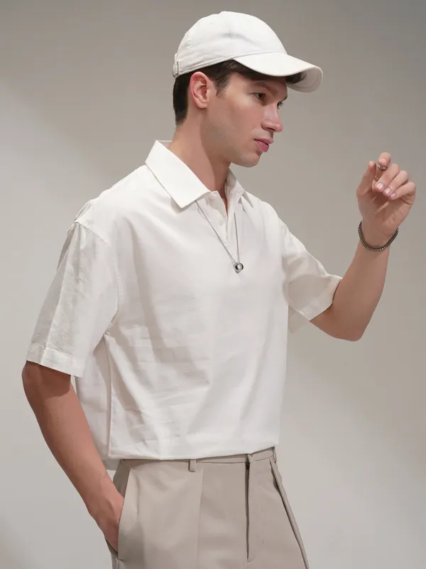 Highlander Men White Self Design Oversized Fit Casual Shirt