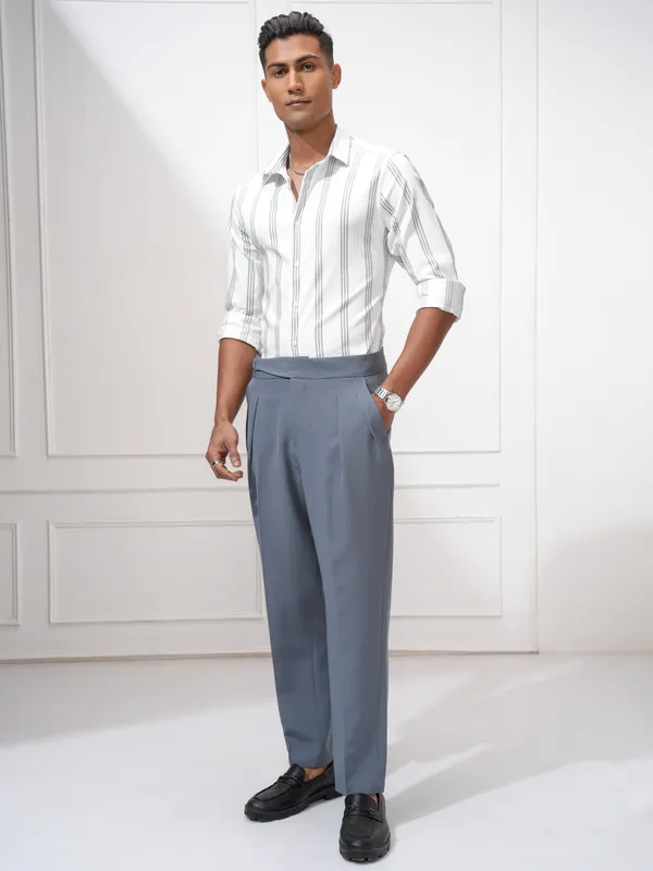 Highlander Men White Striped Slim Fit Casual Shirt